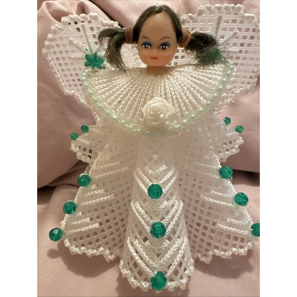 Handmade Christmas Angel Table Top 5"Vintage White Plastic Canvas Green Beads